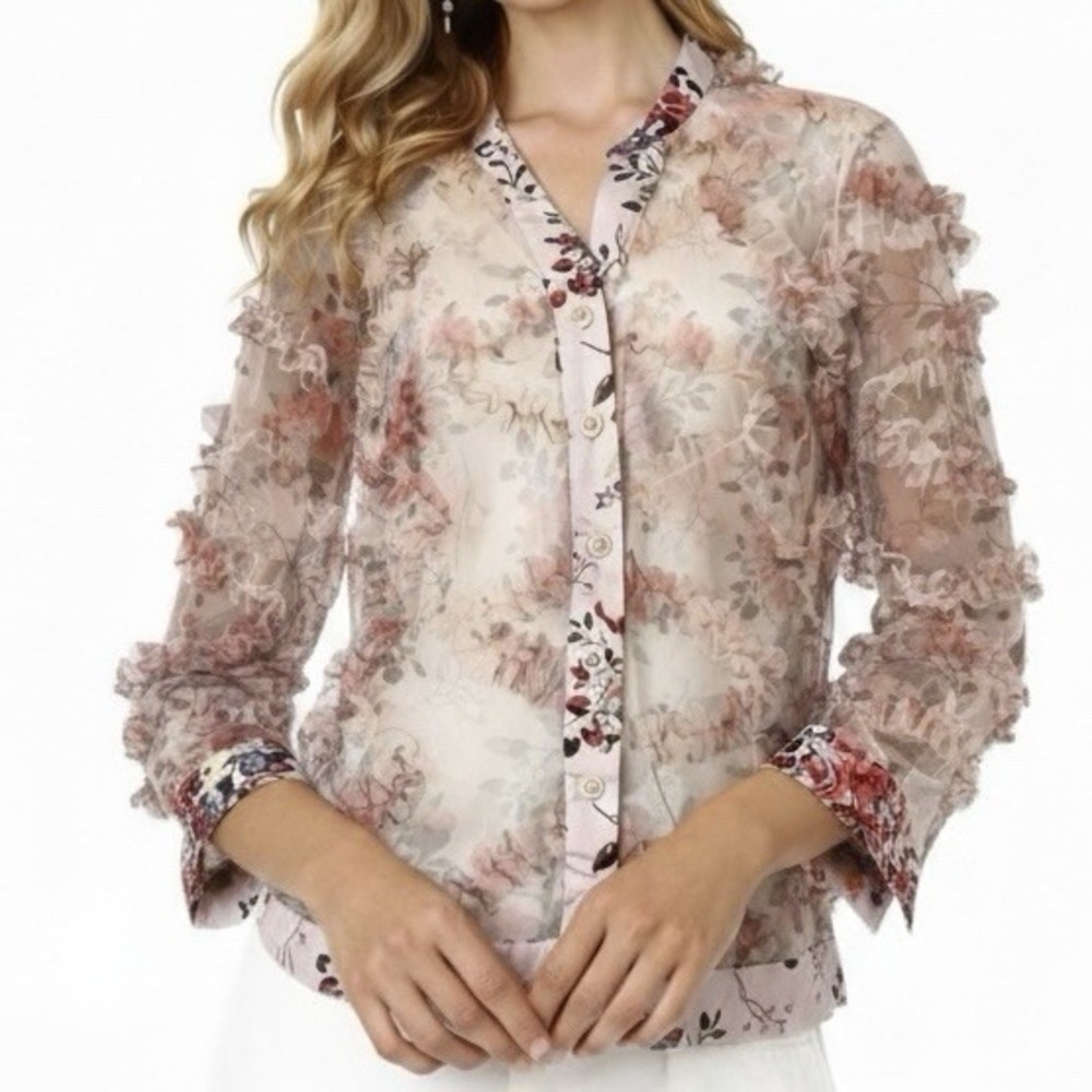 CATO Floral Jacket sz XL Lightweight Mesh 3D Ruffle Satin Trim NWOT